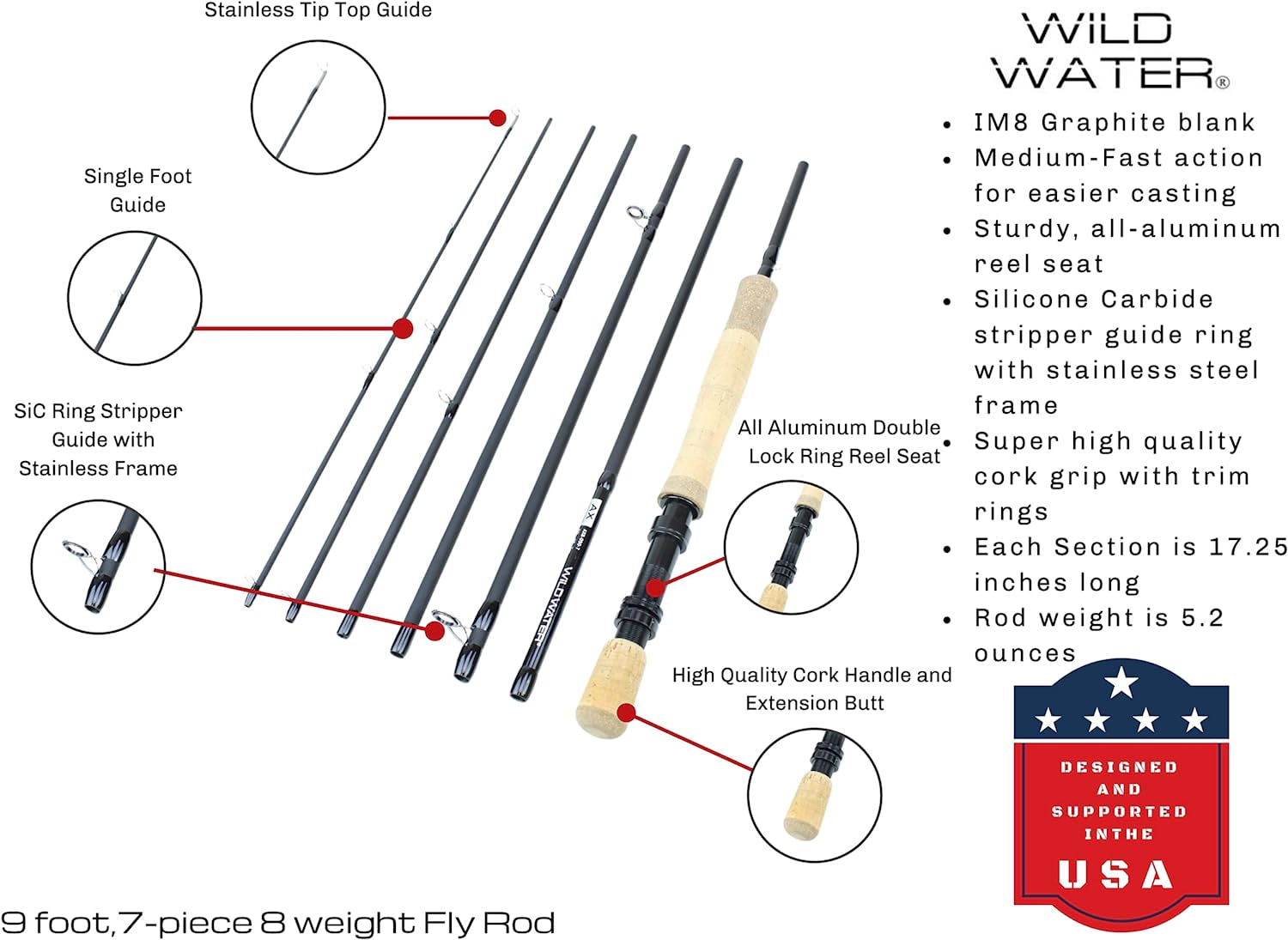 Wild Water Standard Saltwater Fly Fishing Kit, 9 ft 8 wt 7 Piece Rod