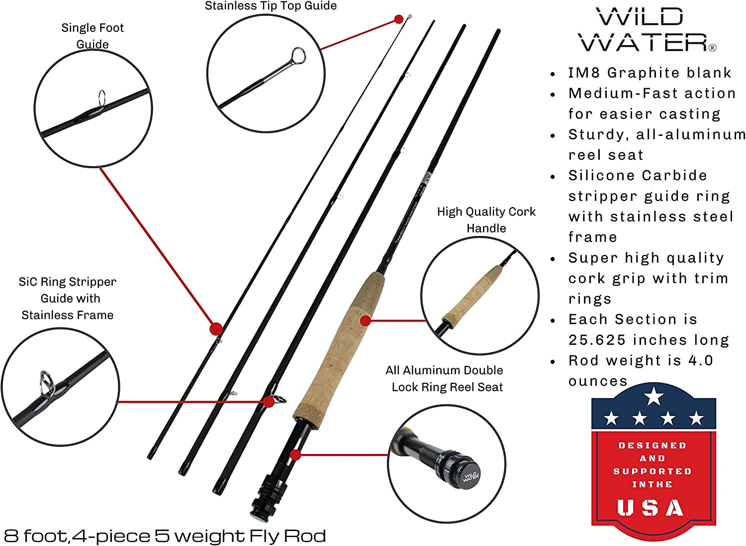 Wild Water Deluxe Fly Fishing Kit, 8 ft 5 wt 4 piece Rod